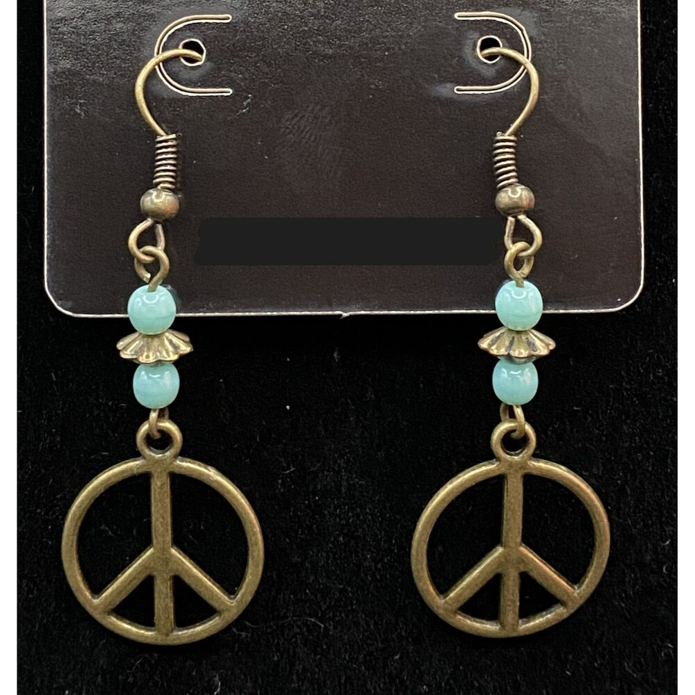 Handmade Bronze Tone Peace Symbol & Aqua Glass Bead Earrings by Neanie-Bot